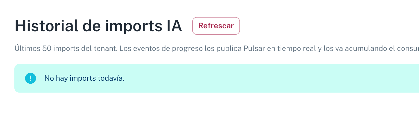 El historial de imports IA, con el aviso de que los últimos 50 imports del despacho se ven aquí