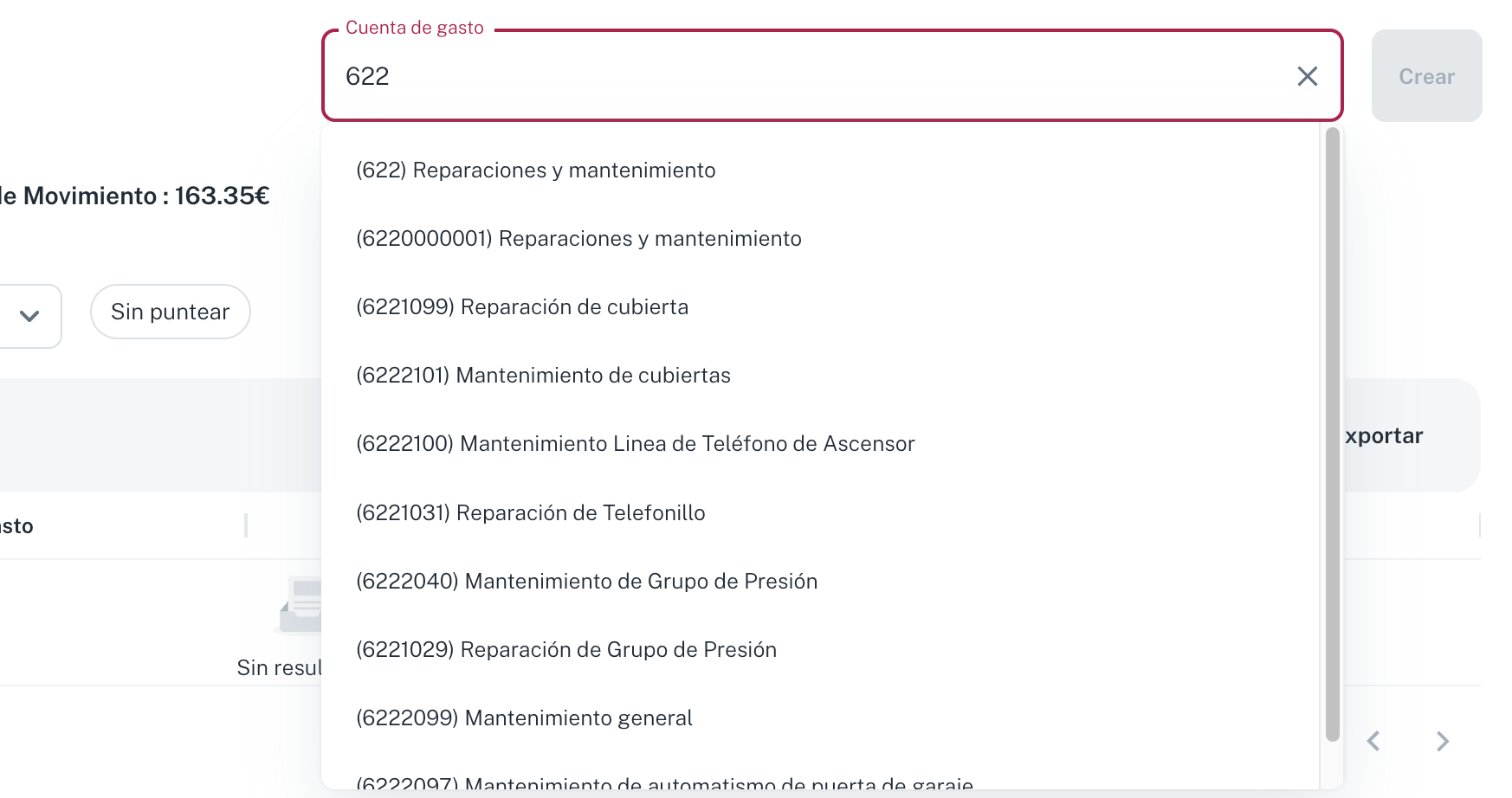 El buscador Cuenta de gasto: escribe el número o el nombre de la cuenta, elígela y pulsa Crear