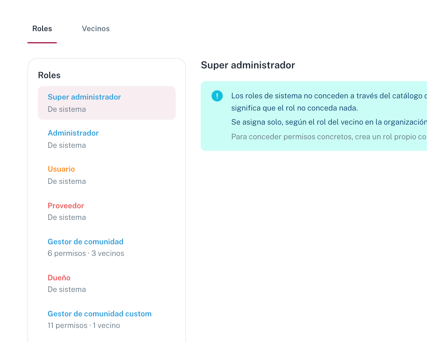 El panel izquierdo lista los roles existentes — de sistema arriba, personalizados debajo con su nº de permisos y de vecinos — y el botón Nuevo rol al final
