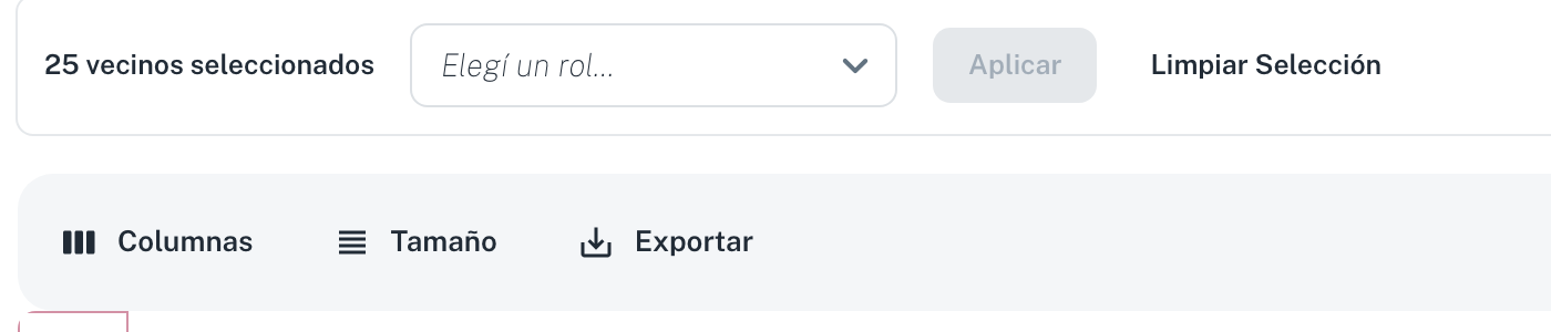 Con vecinos seleccionados aparece la barra de asignación masiva: cuántos hay seleccionados, el selector de rol y el botón Aplicar