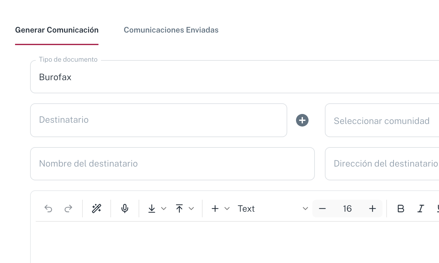 La pantalla de comunicaciones certificadas, con la pestaña Generar Comunicación abierta