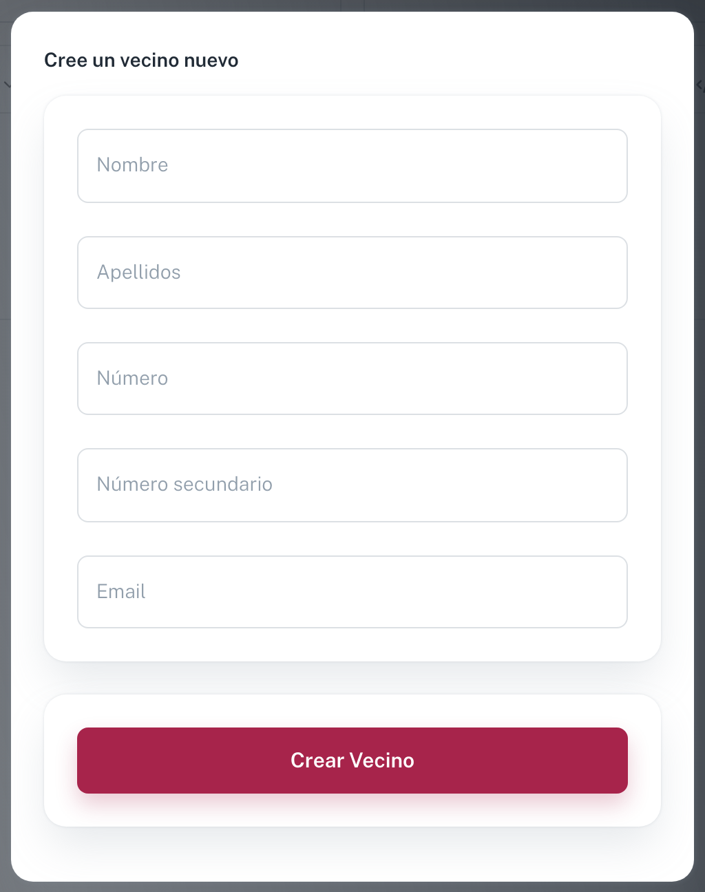El diálogo "Crea un vecino nuevo" con los campos Nombre, Apellidos, Número, Número secundario y Email