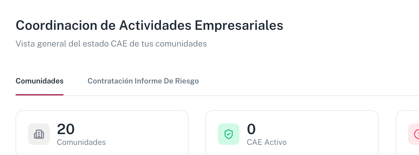 La pantalla de CAE con los tres contadores: Comunidades, CAE Activo y Pendientes