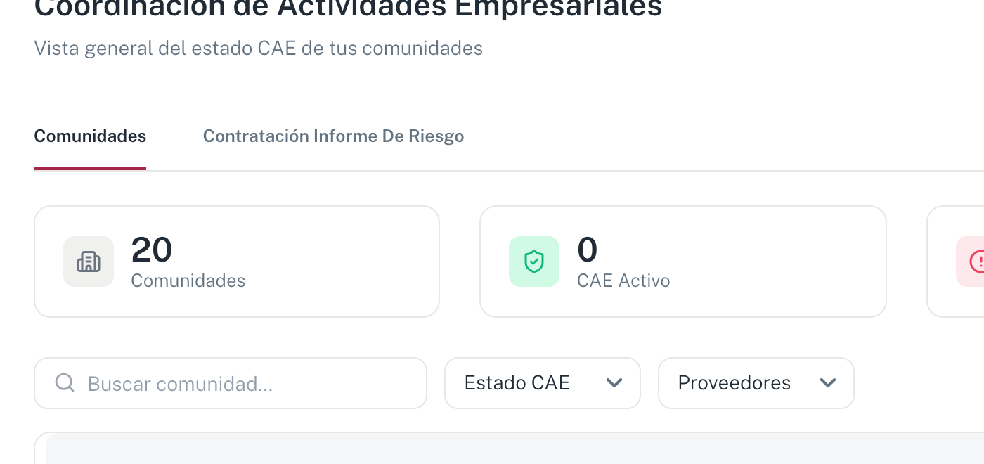 La tabla del CAE con las columnas Comunidad, Estado CAE, Informe de Riesgo y Proveedores