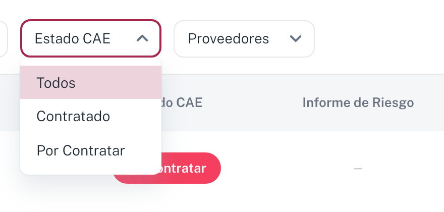 El desplegable Estado CAE con las opciones Todos, Contratado y Por Contratar