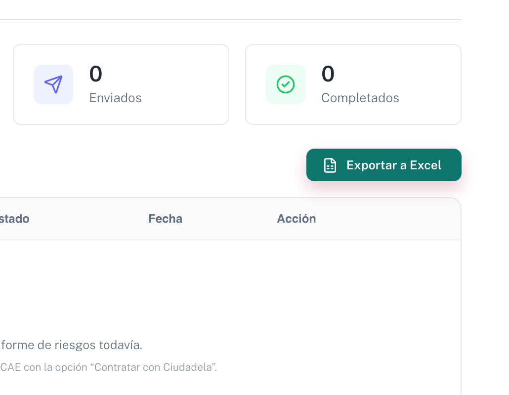 La pestaña de contratación del informe de riesgo, con los contadores Total, Pendientes, Enviados y Completados