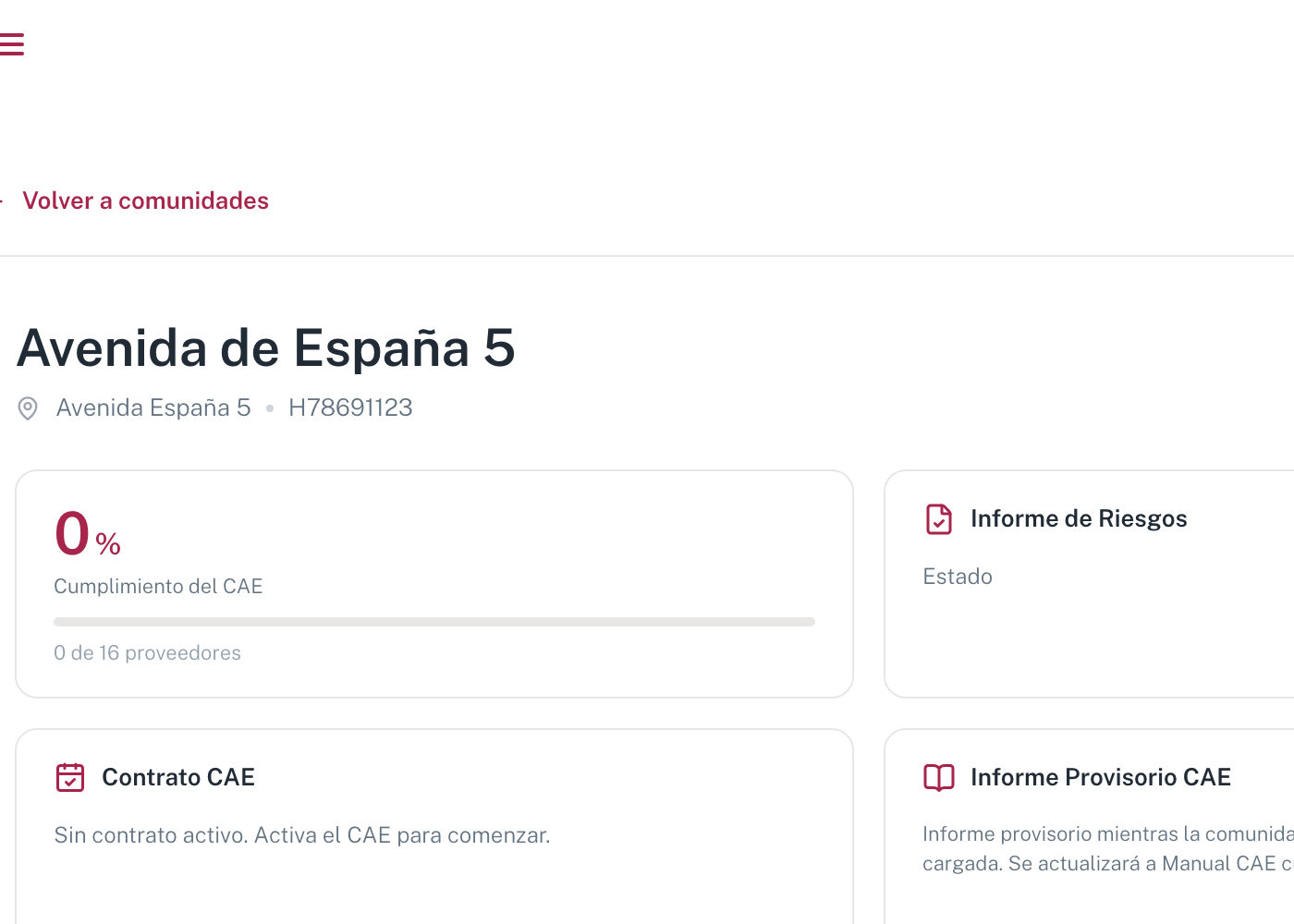 La ficha de CAE de una comunidad sin contratar, con las tarjetas Cumplimiento del CAE, Informe de Riesgos, Contrato CAE e Informe Provisorio CAE