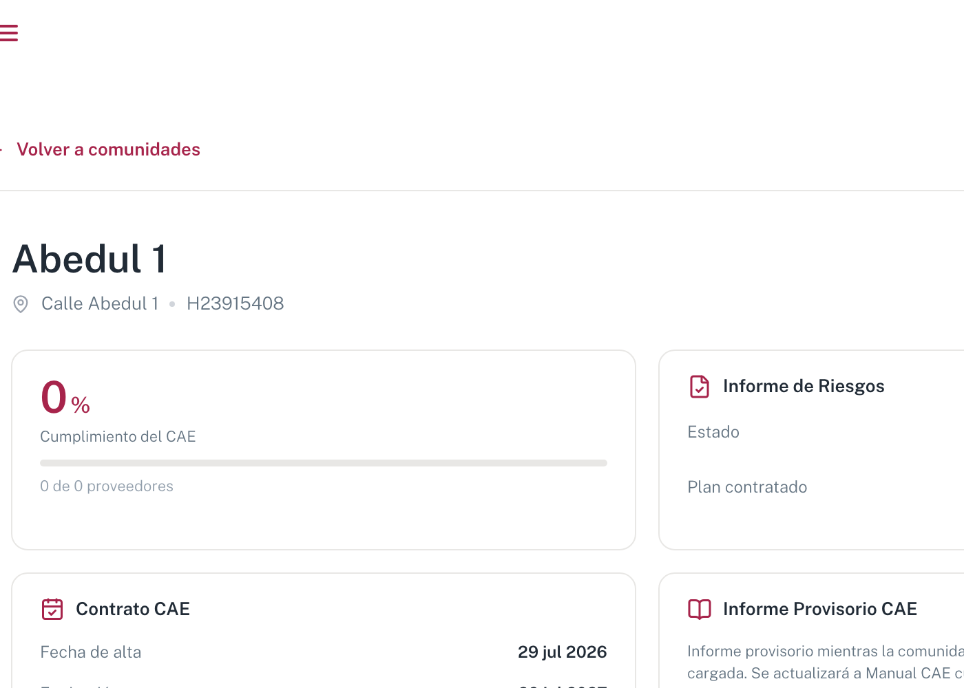La ficha de CAE de una comunidad ya contratada, con las fechas del contrato y la renovación automática