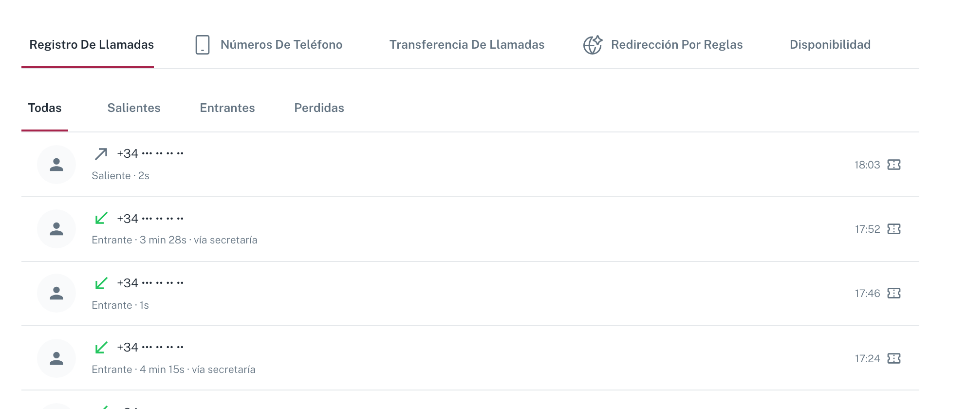Las pestañas de la centralita, con el registro de llamadas abierto