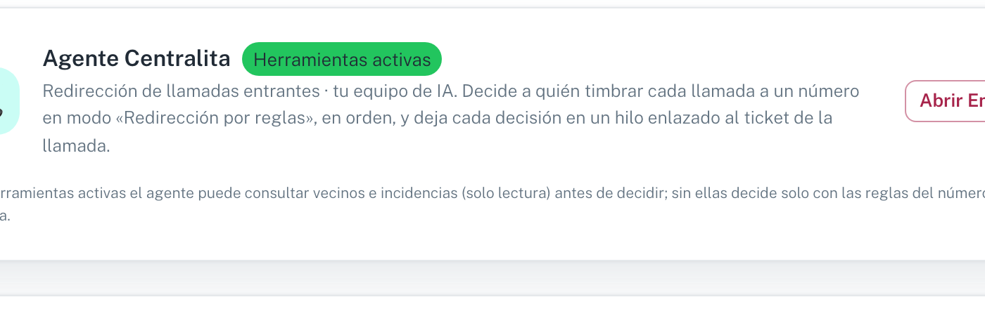 La tarjeta del agente centralita desplegada, con quién puede recibir llamadas debajo