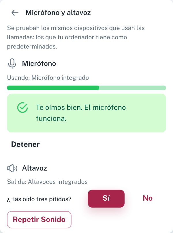 Así se ve un micrófono que funciona: la barra en verde, «Te oímos bien» y el nombre del micrófono encima