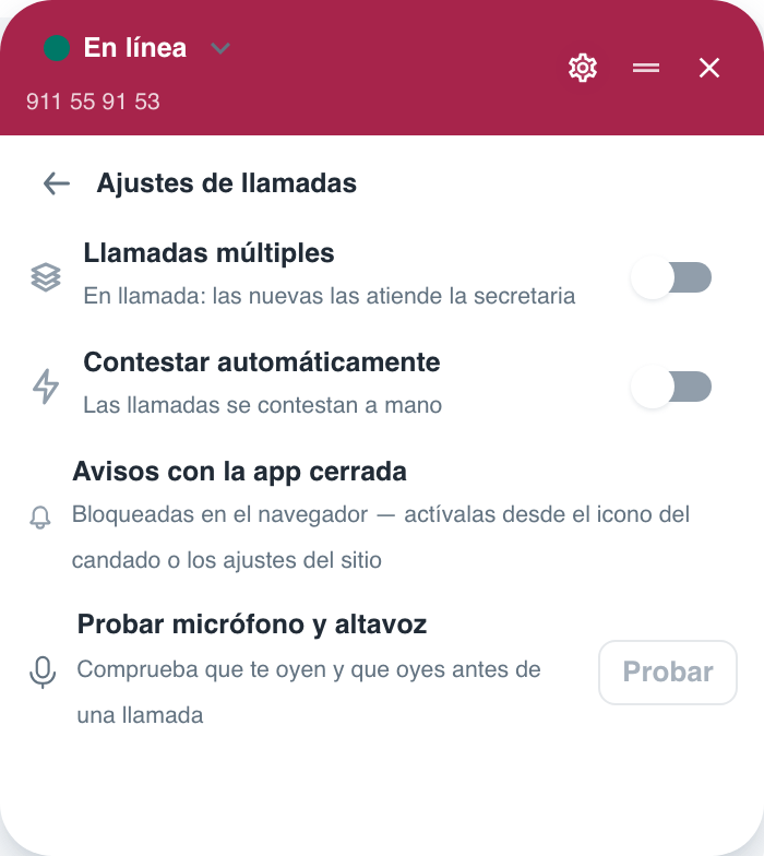 Con una llamada en curso, el engranaje abre los Ajustes de llamadas; la flecha de la izquierda vuelve a la llamada y Probar queda desactivado hasta colgar