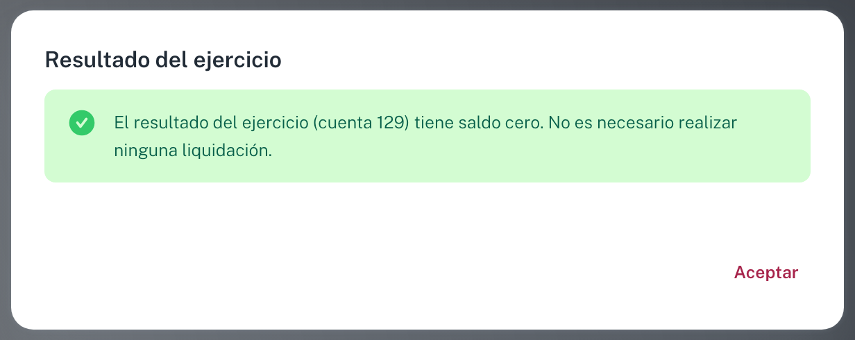 La ventana Resultado del ejercicio cuando la 129 está a cero: aviso verde y un único botón Aceptar