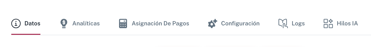 La tira de pestañas de la ficha de la comunidad: Datos, Analíticas, Asignación De Pagos, Configuración, Logs e Hilos IA