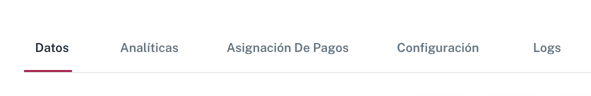 La tira de pestañas de la ficha: Datos, Analíticas, Asignación De Pagos, Configuración y Logs