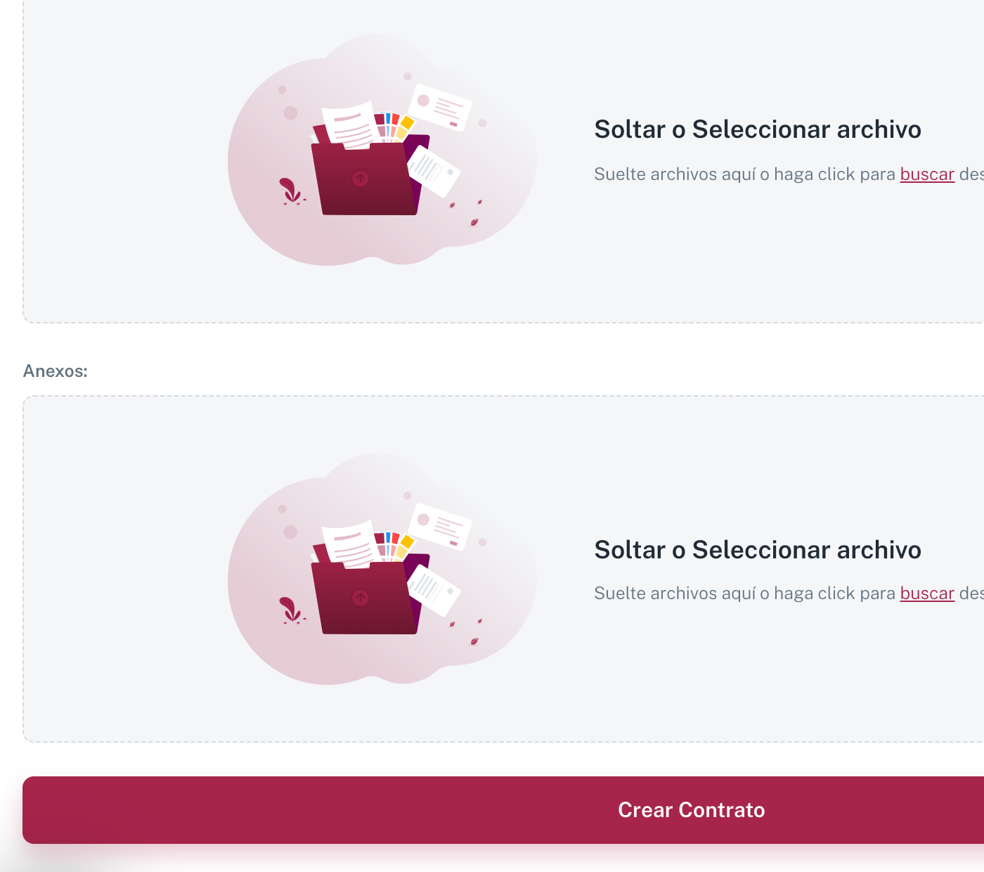 El pie del formulario: las dos zonas para soltar archivos (Documento y Anexos) y el botón Crear Contrato a ancho completo