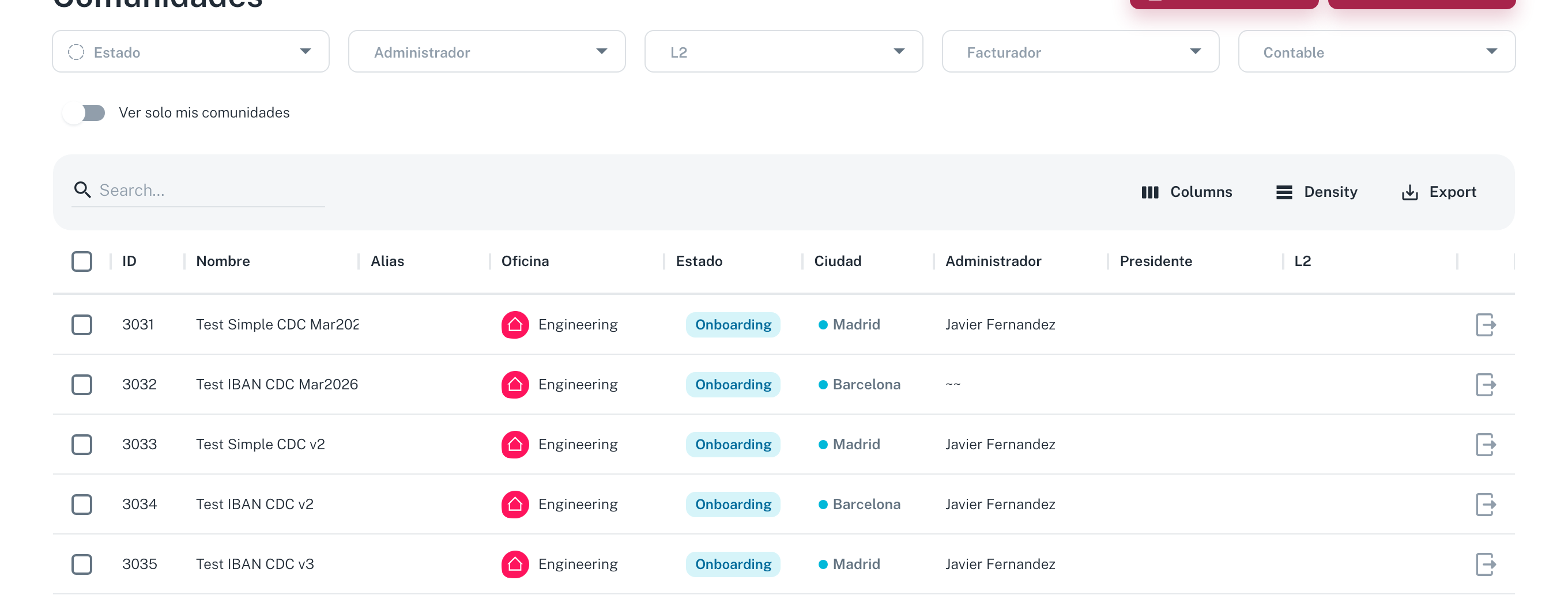 Listado de comunidades con filtros y buscador