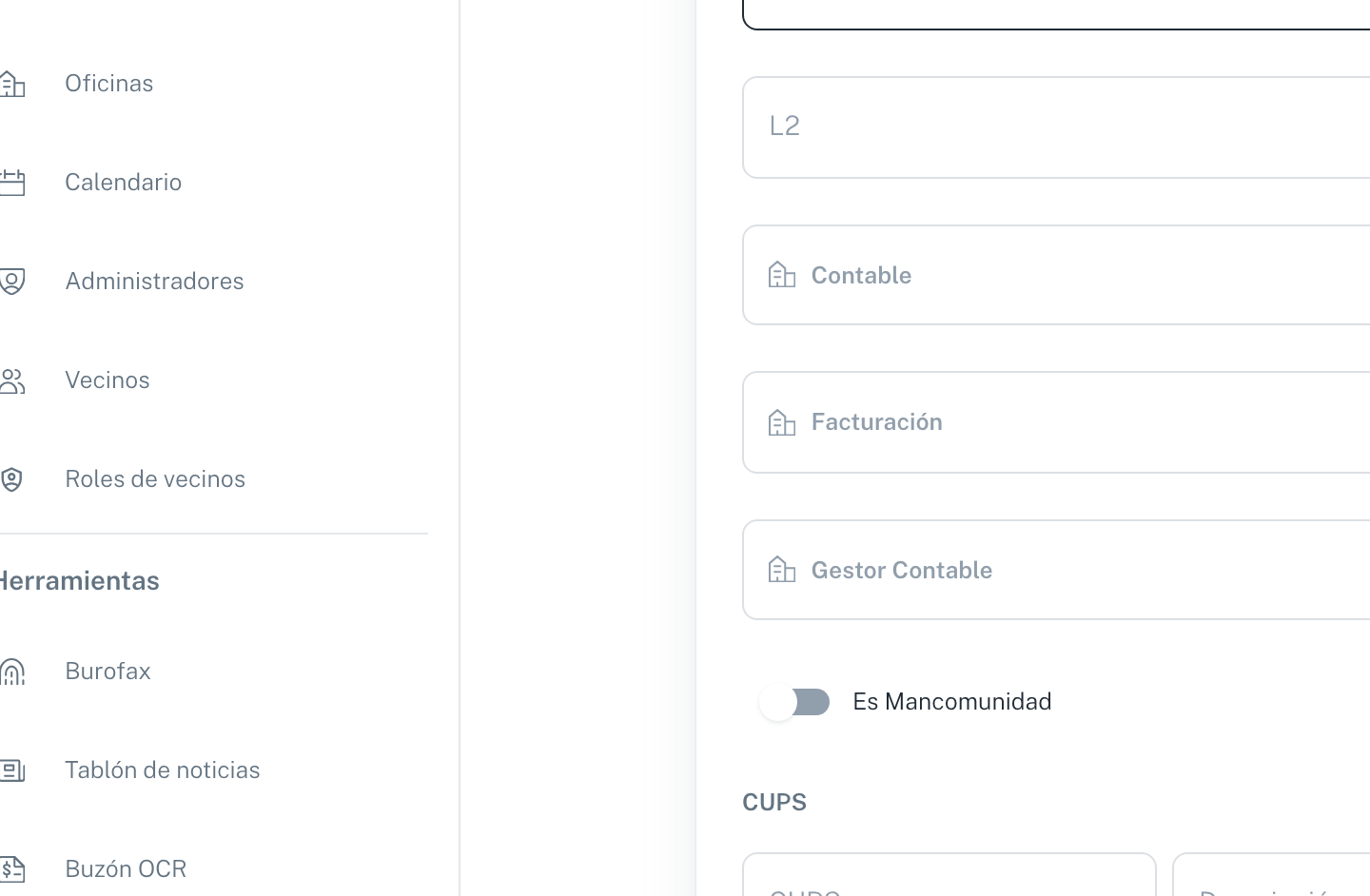 Bloque de responsables con Oficina, Administrador, Gestor de comunidad, Contable, Facturación y Gestor Contable