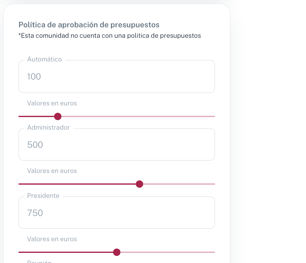 Política de aprobación con cuatro deslizadores: Automático, Administrador, Presidente y Reunión