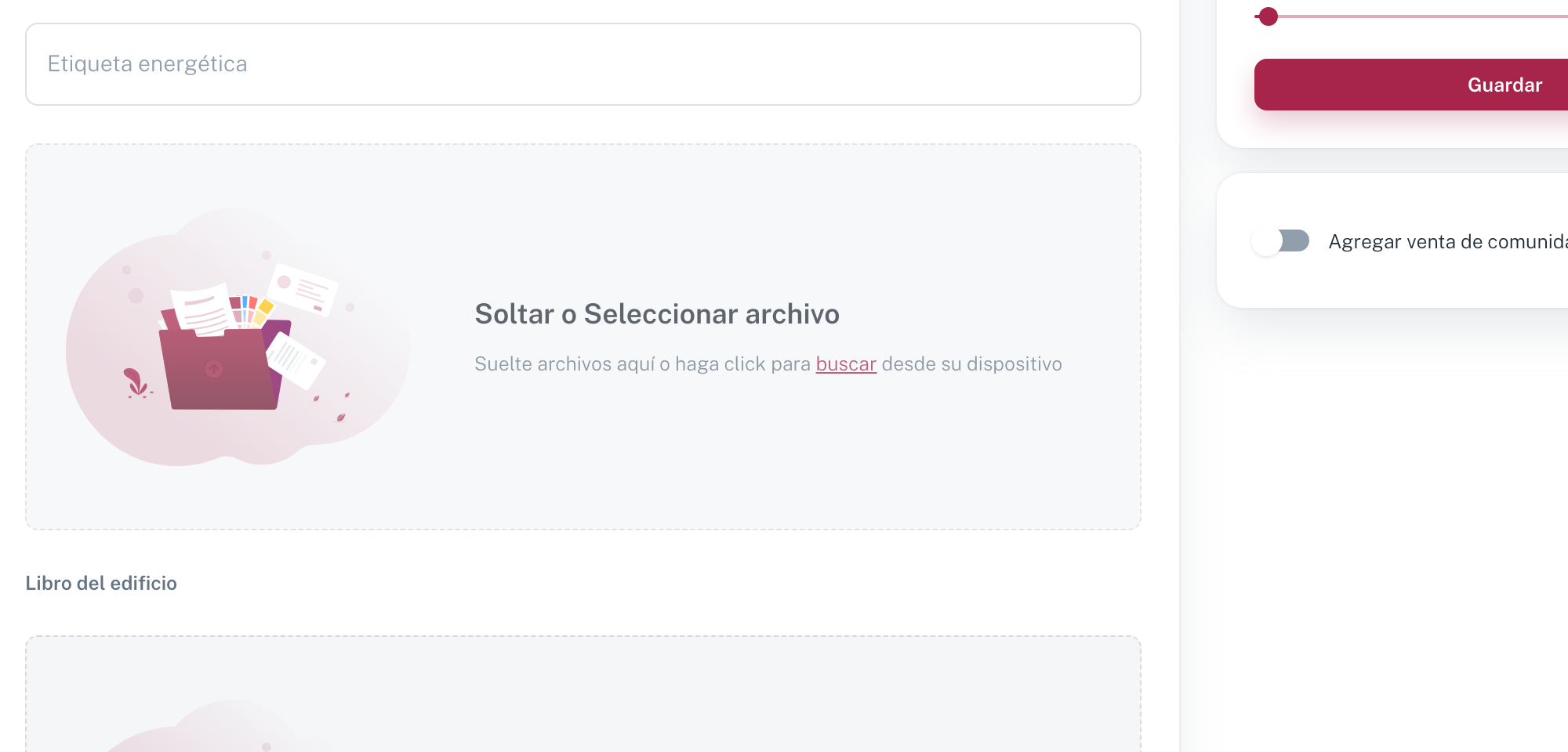 Etiqueta energética y zona para soltar archivos para el PDF del certificado