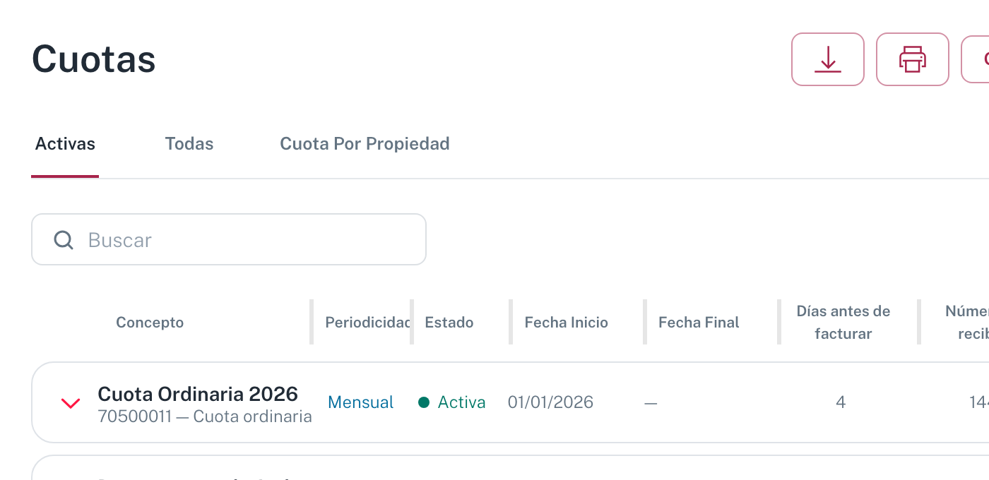El listado de cuotas de la comunidad, con concepto, periodicidad, estado, fechas y número de recibos