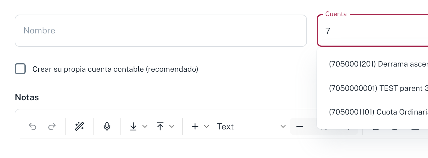 El desplegable de cuenta, con las cuentas 705 de la comunidad