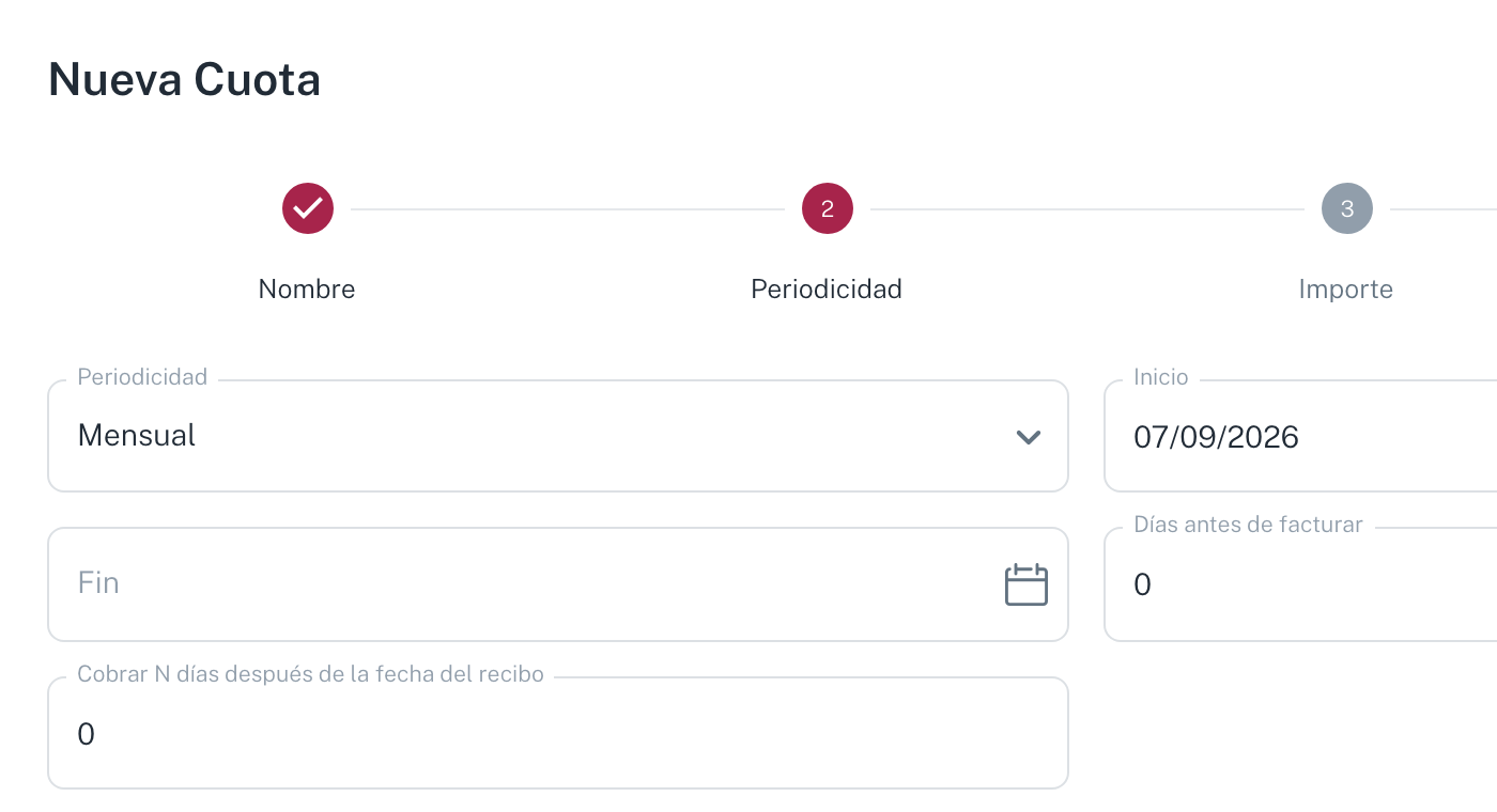 El paso 2 del asistente, con periodicidad, inicio, fin y los días antes de facturar