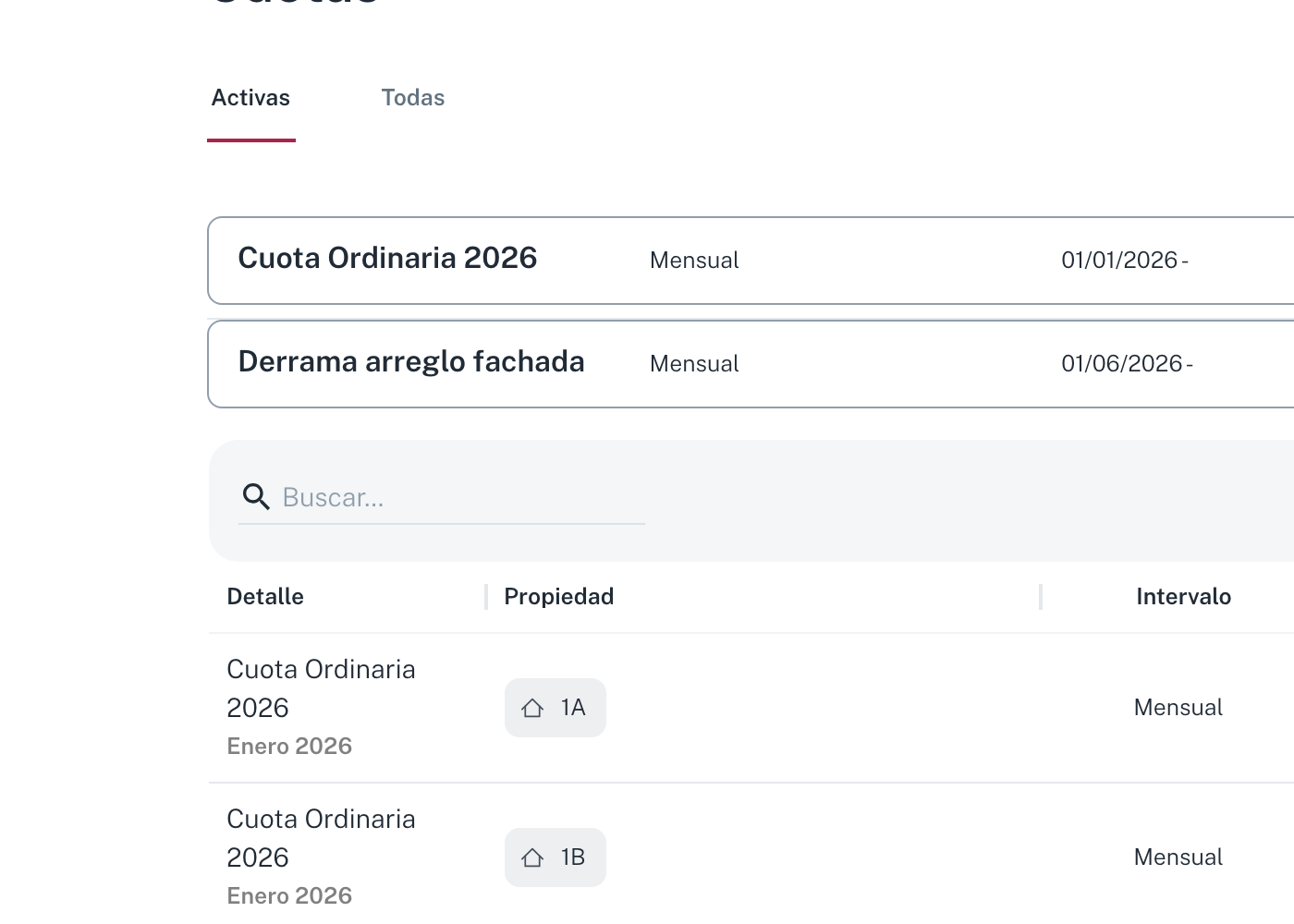 El listado de Cuotas, desde donde se lanza el asistente con Nueva Cuota