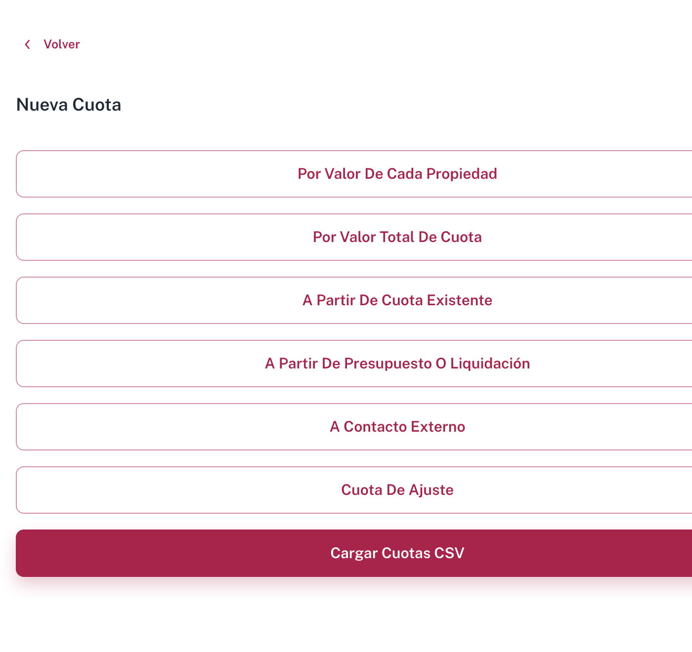 La pantalla Nueva Cuota con los siete métodos, uno por botón; el último, Cargar Cuotas CSV, en rojo