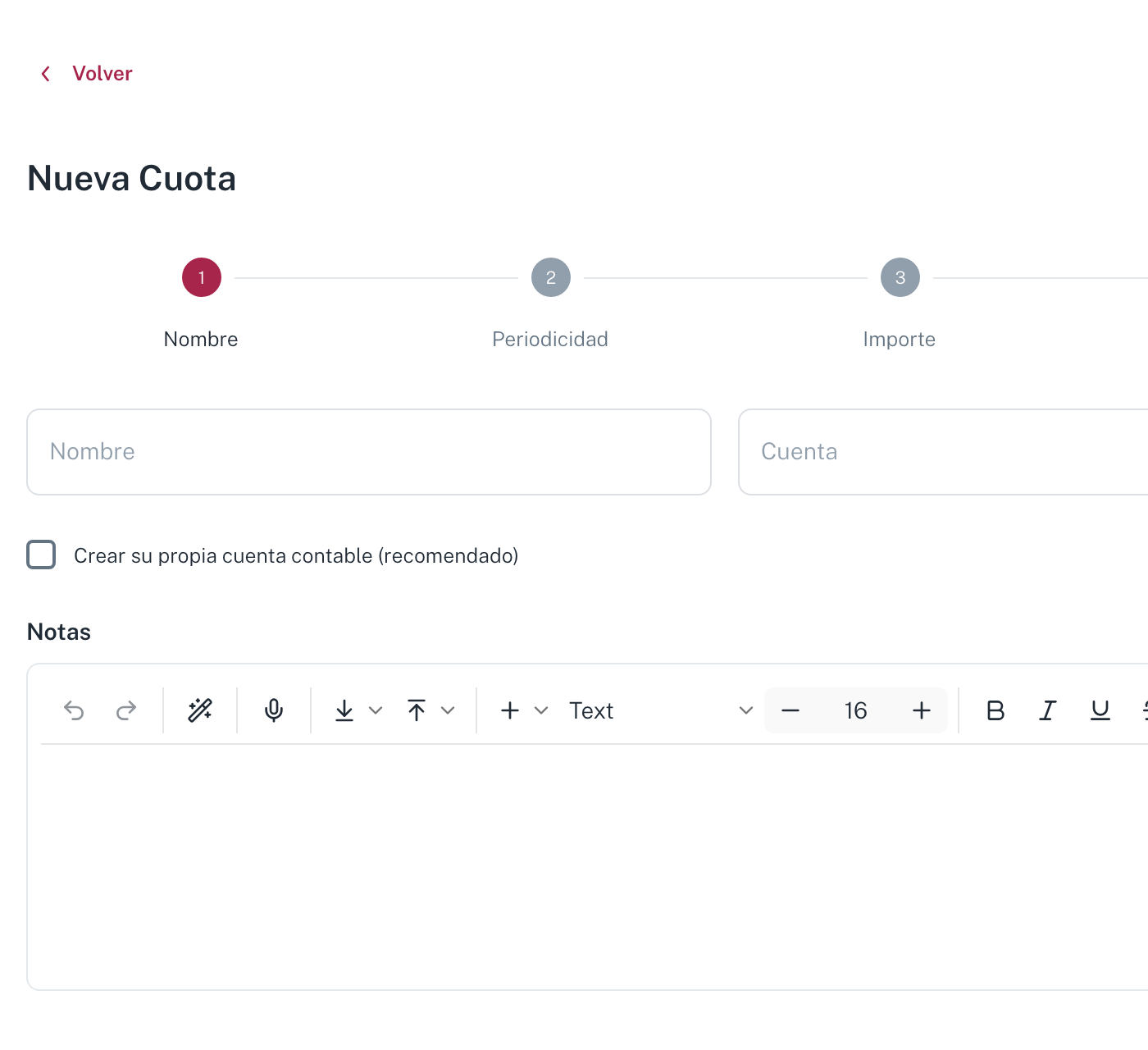 El primer paso del asistente: la barra de etapas Nombre / Periodicidad / Importe, los campos Nombre y Cuenta, la casilla Crear su propia cuenta contable y el bloque de Notas