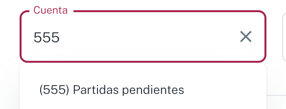 Al teclear 555 en el campo Cuenta, la primera opción del autocompletado es (555) Partidas pendientes