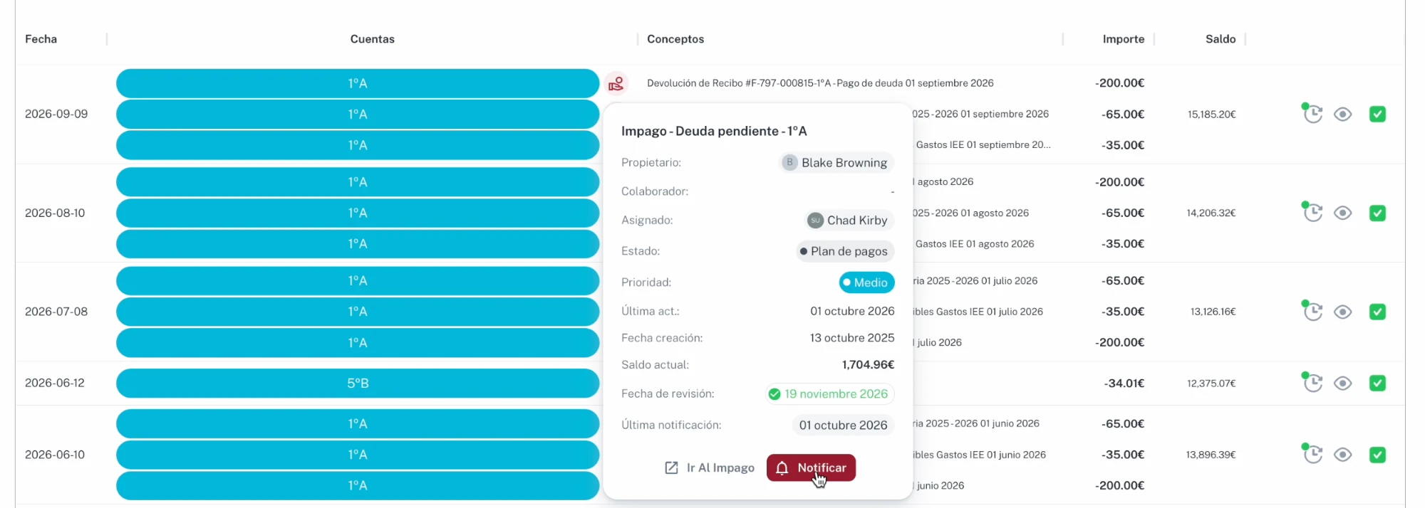 Movimientos con el icono rojo del impago en una devolución de recibo y, desplegada, la tarjeta del impago con el botón Notificar