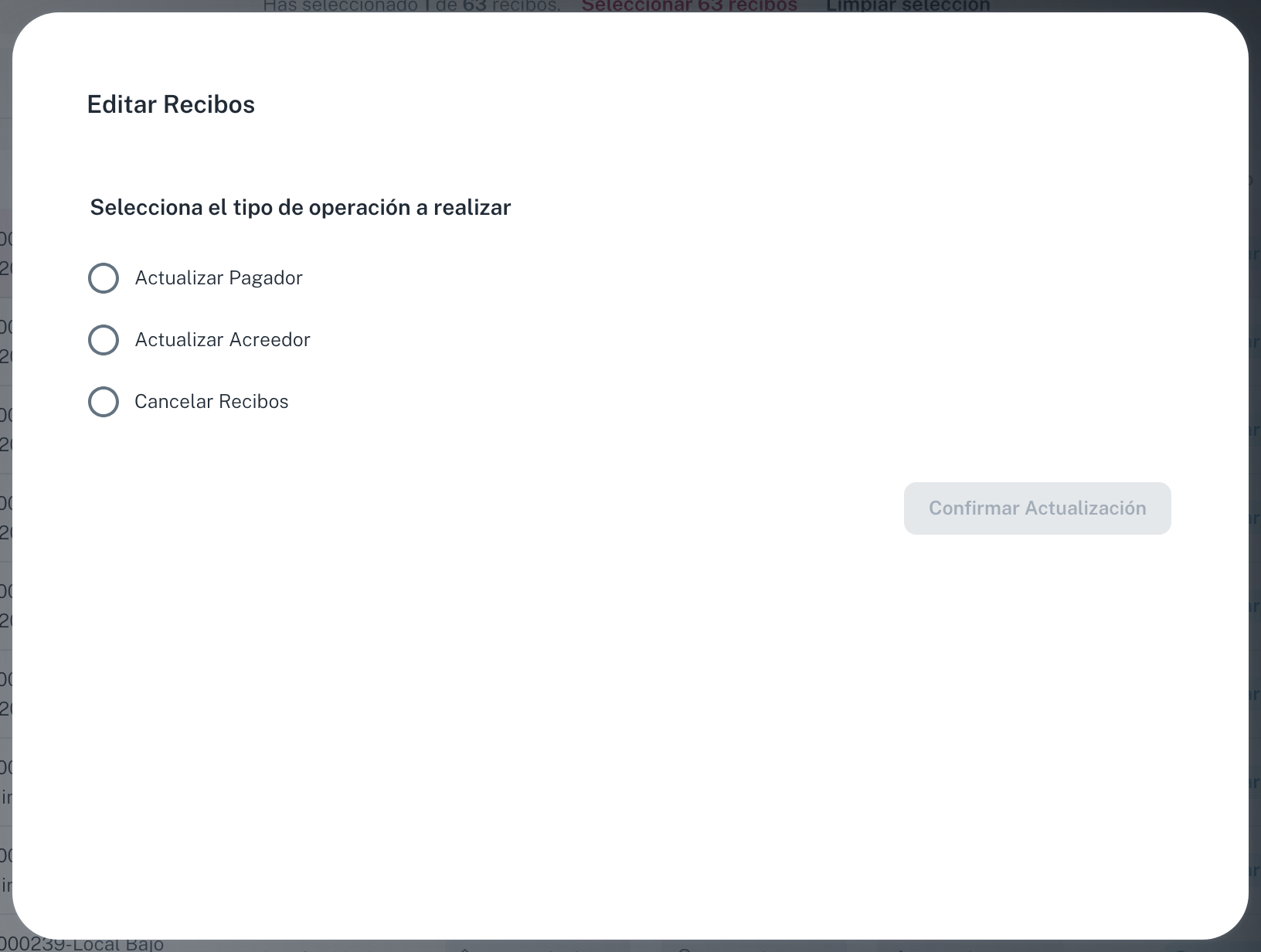 La ventana Editar Recibos con las tres operaciones: Actualizar Pagador, Actualizar Acreedor y Cancelar Recibos