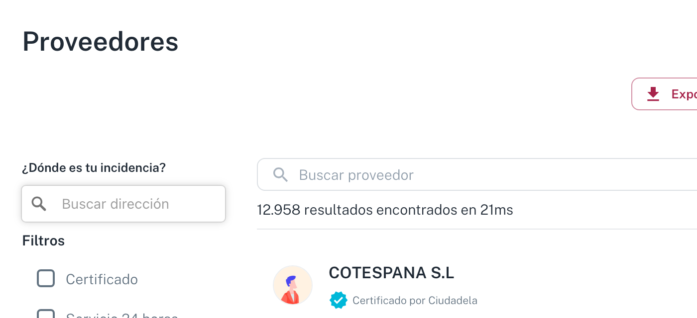 El directorio de proveedores, con los filtros a la izquierda y los resultados a la derecha