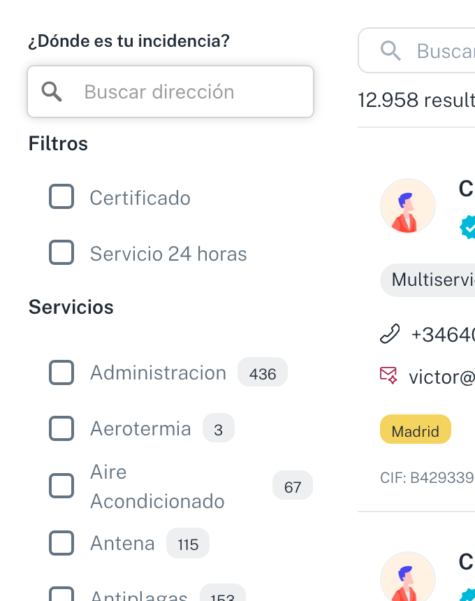 La columna de filtros, con "¿Dónde es tu incidencia?" y las casillas Certificado y Servicio 24 horas