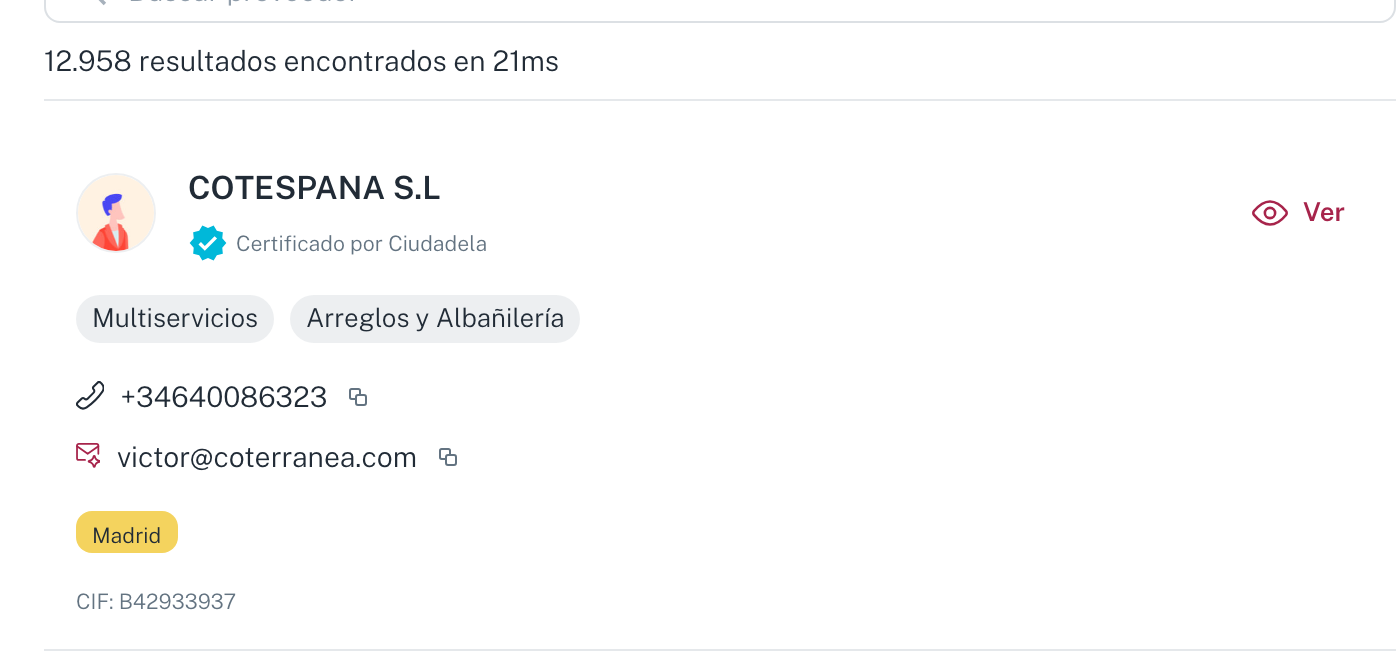Una ficha de proveedor con su insignia de certificado, servicios, teléfono, correo, ciudad y CIF