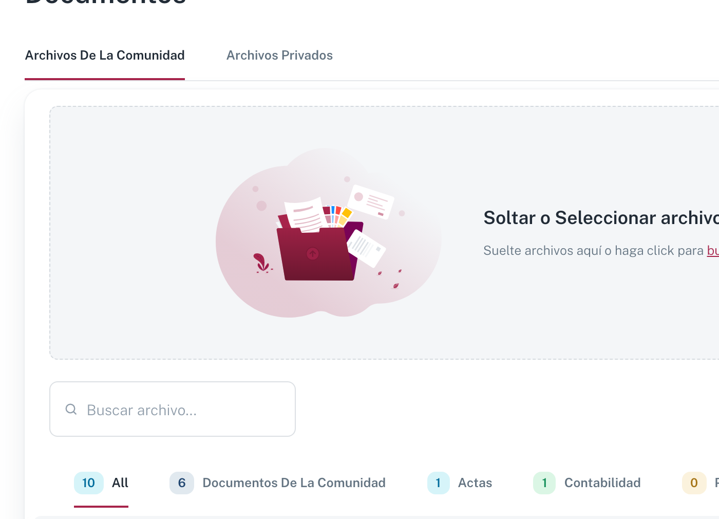 La pantalla Documentos: las pestañas Archivos De La Comunidad y Archivos Privados, la zona para soltar archivos, el buscador y los filtros por categoría con su contador