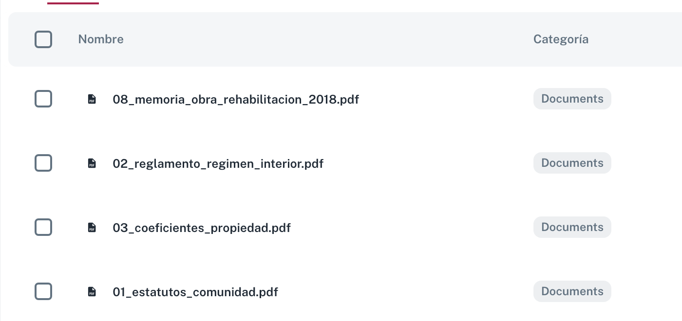 La tabla de documentos con las columnas Nombre y Categoría; cada archivo lleva su distintivo de categoría