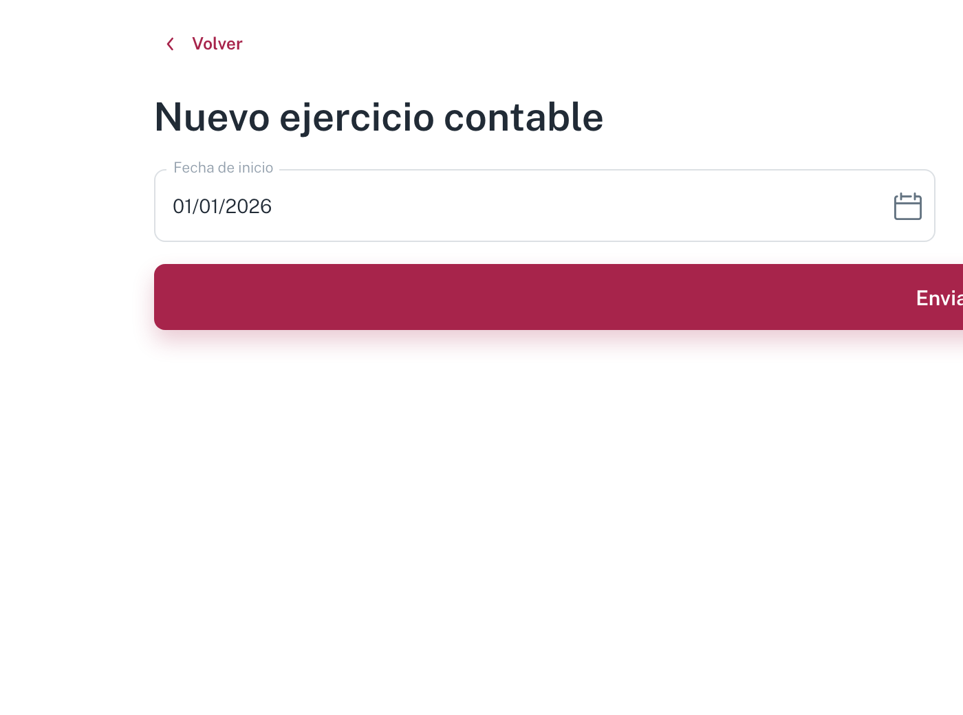 El formulario de nuevo ejercicio contable: solo pide la fecha de inicio, prerellenada