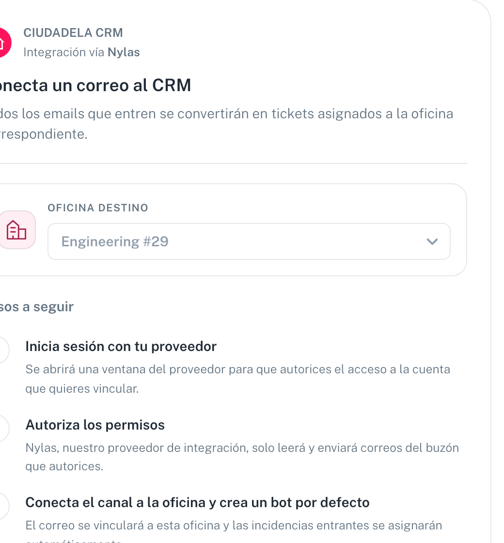 La pantalla de conectar un correo al CRM, con la oficina destino y los tres pasos
