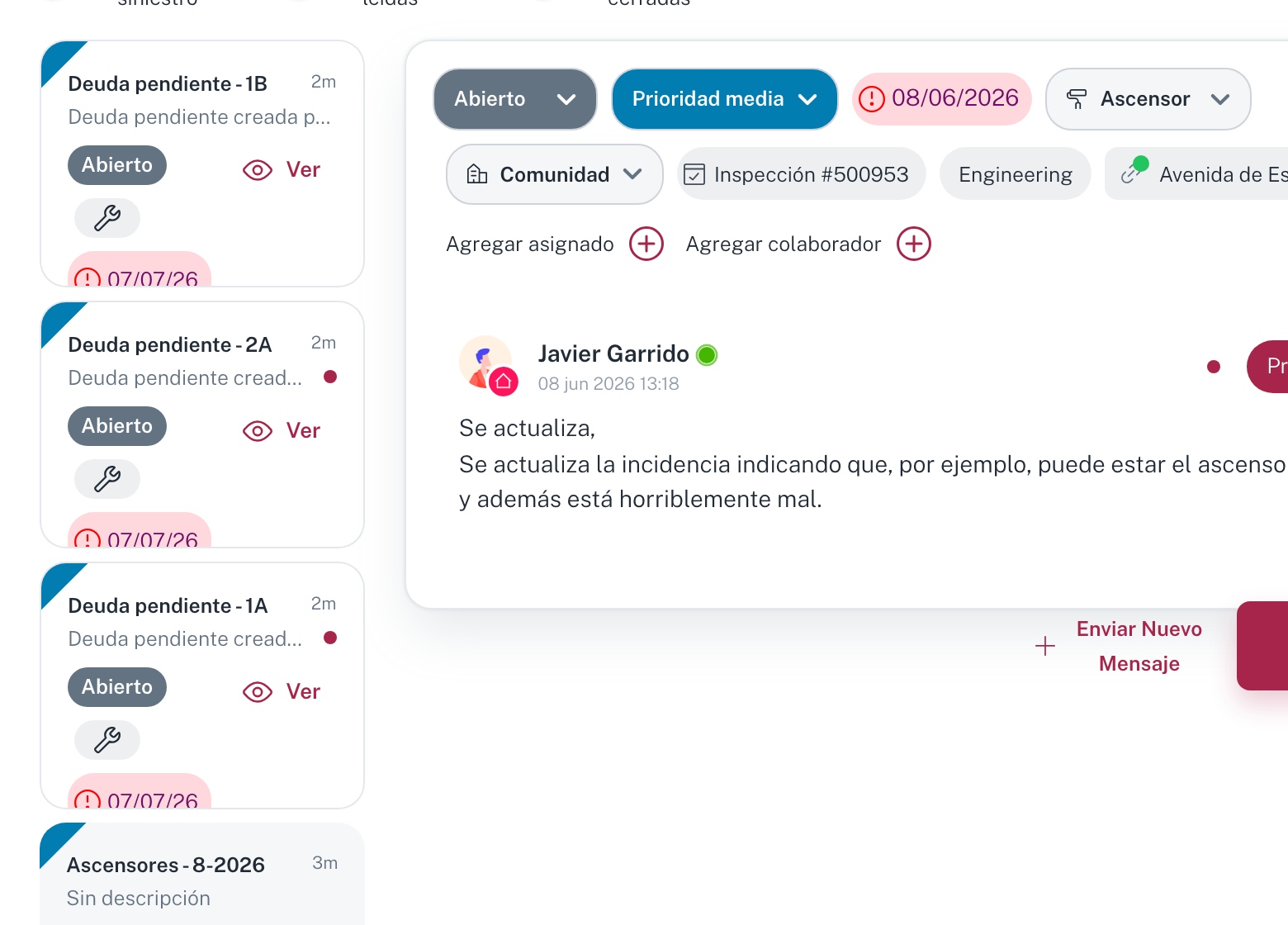 La lista de tareas en la vista de correo, con su estado y su fecha de revisión