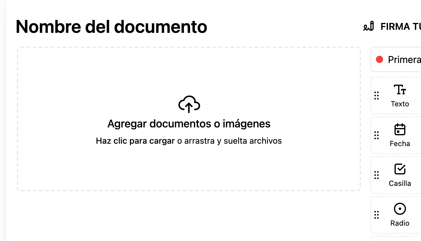 La pantalla de firma digital, con el nombre del documento, la zona para subir ficheros y el panel de campos