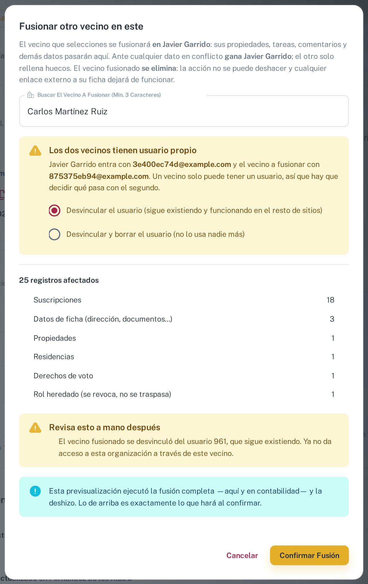 El desglose lista cada tipo de dato con su número de filas, y debajo aparecen los avisos a revisar a mano