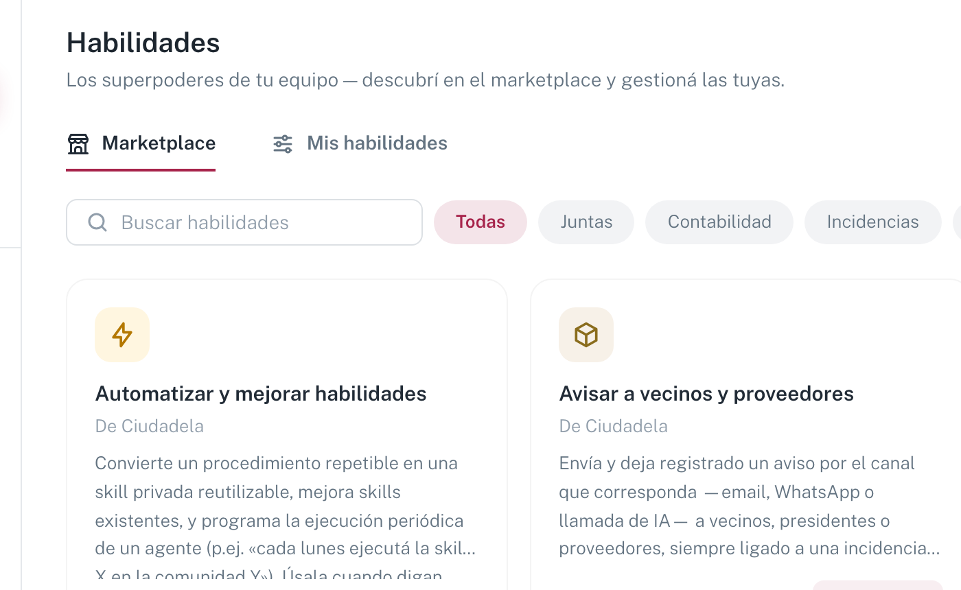 La pantalla de Habilidades, con las pestañas Marketplace y Mis habilidades y las tarjetas de habilidades
