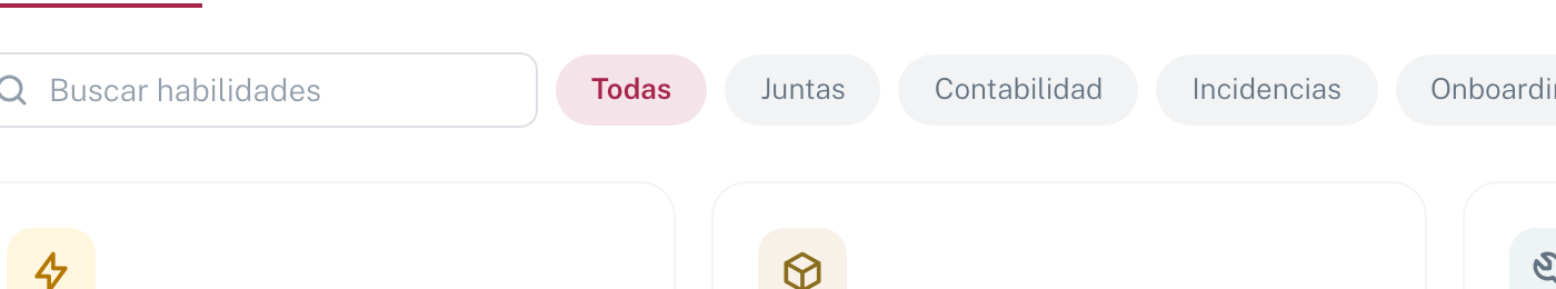 El buscador de habilidades y las categorías: Todas, Juntas, Contabilidad, Incidencias, Onboarding, Documentos, Normativa, Productividad, Comunicación y Proveedores