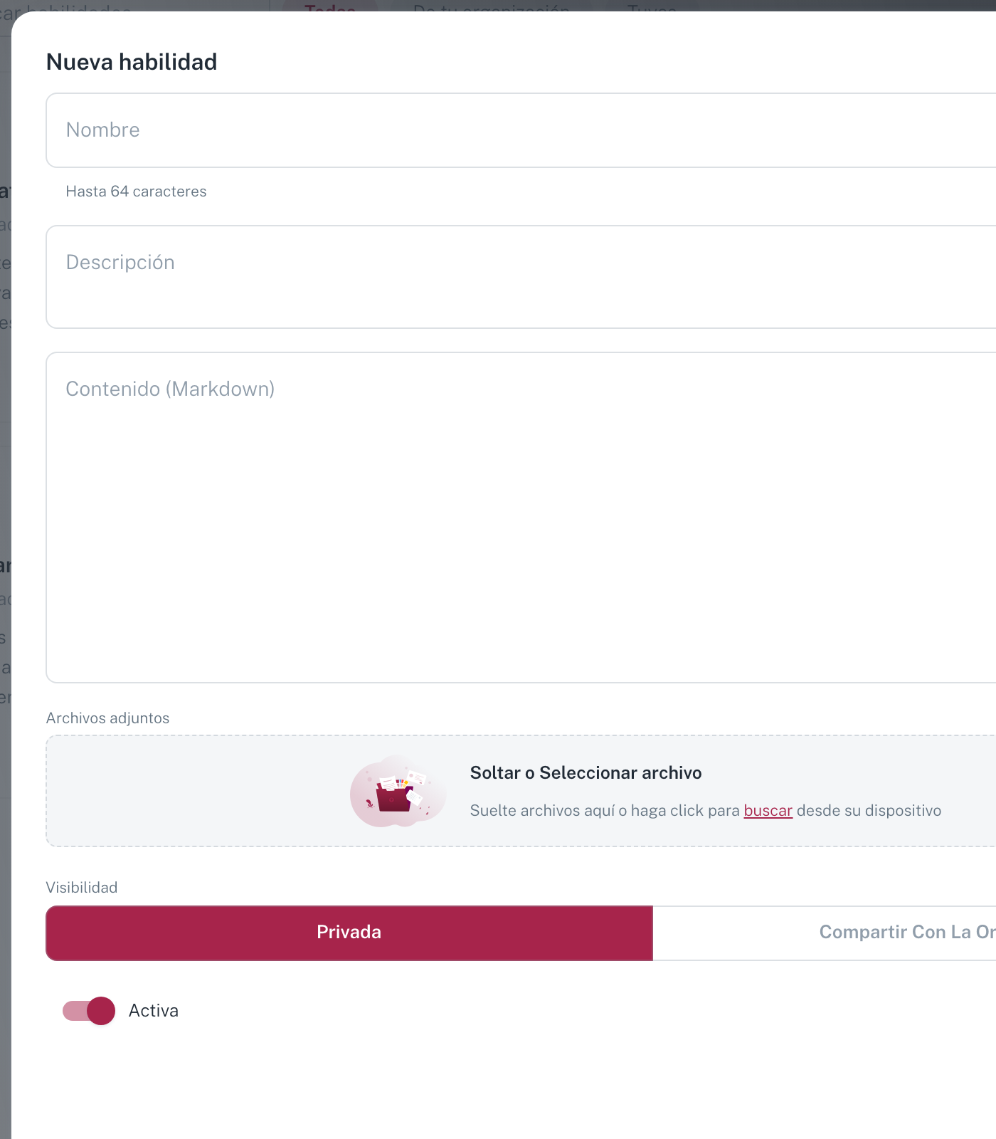 El diálogo Nueva habilidad, con nombre, descripción, contenido en Markdown, archivos adjuntos y visibilidad
