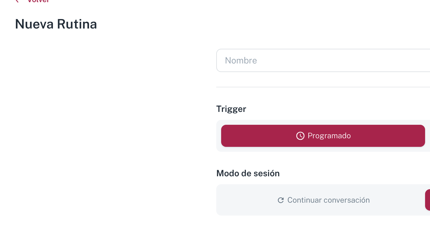 El formulario Nueva Rutina, con nombre, modelo, nivel de esfuerzo y el selector de tipo de disparo