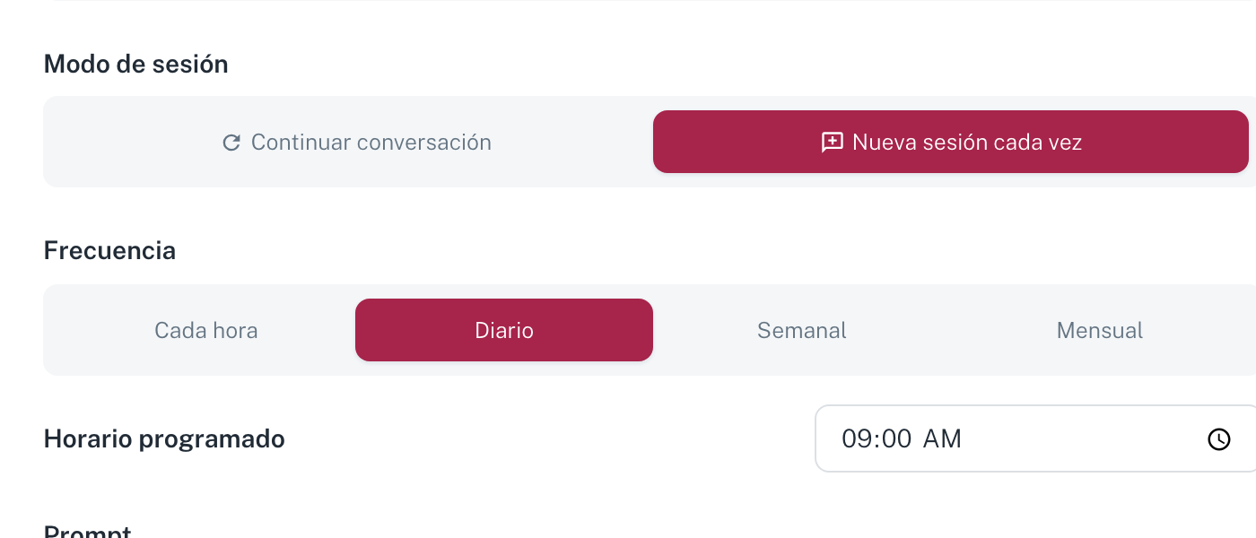 Modo de sesión y frecuencia: cada hora, diario, semanal o mensual, con el horario programado