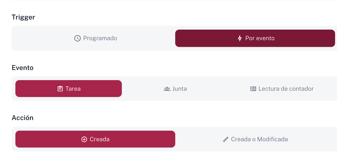 El trigger Por evento, con el evento (Tarea, Junta, Lectura de contador) y la acción (Creada o Creada o Modificada)