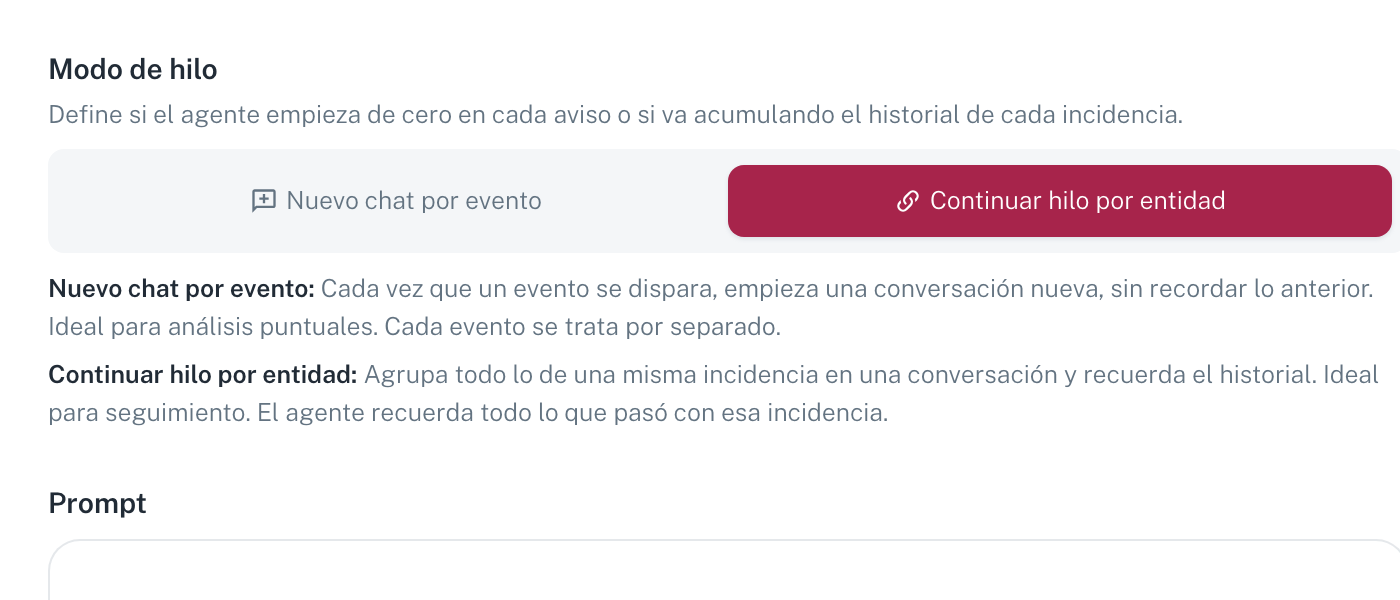 Modo de hilo, con Nuevo chat por evento y Continuar hilo por entidad, y la explicación de cada uno